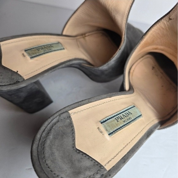 Prada Women's 6.5 Gray Suede Slingback Leather Chunky Heel Platform Sandal Heels